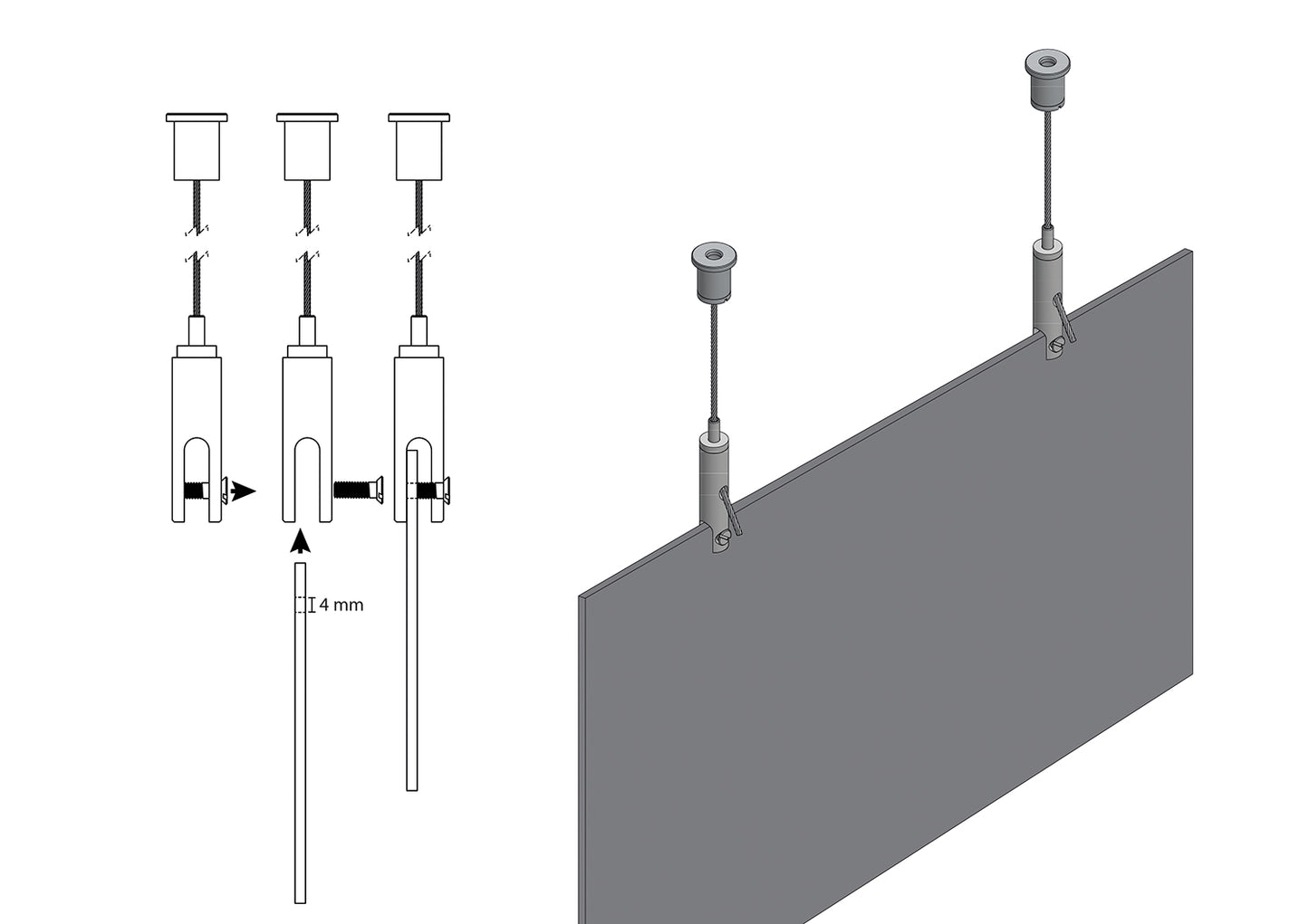 STAS kit de suspension avec crochet à panneau (6 mm) et montage au plafond